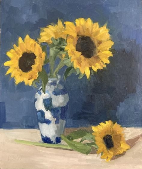 Oil painting, still life painting, alla prima, daily painting, sunflowers, flowers, vase, botanical painting, blue and white vase, patterns Pastel, Acrylics, Disney, Watercolour Flowers, Still Life Flowers, Oil Painting Flowers, Painting Still Life, Watercolor Flowers, Flowers In Vase Painting