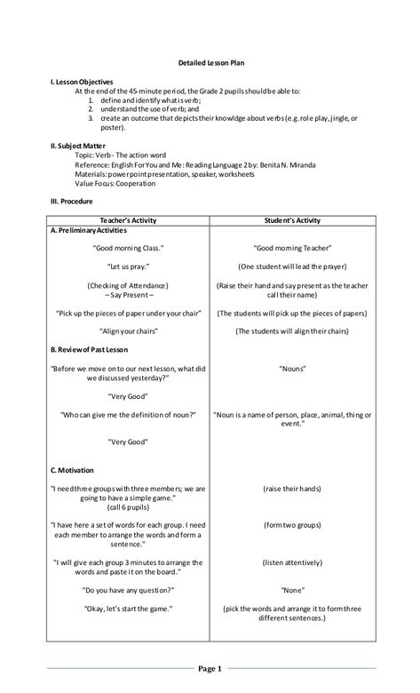 Page 1  Detailed Lesson Plan  I. Lesson Objectives  At the endof the 45-minute period,the Grade 2 pupilsshouldbe able to:  1. ... Lesson Plans, Lesson Plan Format, Lesson Plan Examples, Lesson Plan Sample, Grammar Lesson Plans, Verbs Lesson Plan, Nouns Lesson Plan, English Lesson Plans, Context Clues Lesson Plans