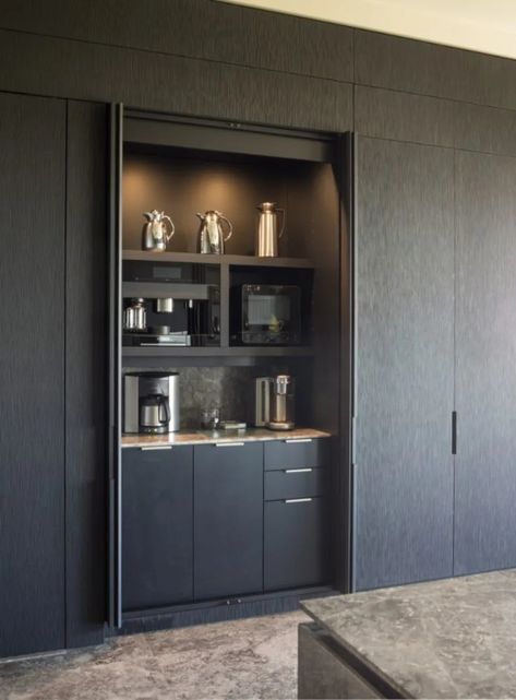 eggersmann pocket door units are incredibly flexible. They can be customized in width, depth, height and operate fluidly at any size. The ability to create multipurpose spaces without making your cabinetry look like it is out of place is just one use. Build in your favorite coffee bar, beverage center, desk area, buffet, or even conceal your ovens. Challenge us to create a pocket door solution for your special need. Design, Dekorasyon, Dekorasi Rumah, Bar, Modern, Dapur, Modern Luxury, Inspo, Bar Design