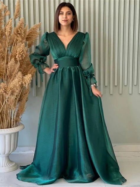 A-Line/Princess Organza Ruched V-neck Long Sleeves Sweep/Brush Train Dresses Gowns, Evening Dresses, Haute Couture, Fancy Dresses Long, Evening Dresses Long, Evening Dresses With Sleeves, Gowns Dresses, Gowns With Sleeves, Guest Dresses
