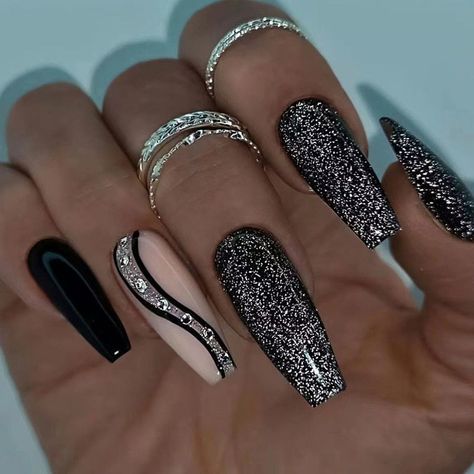 Black Glitter Ballet Coffin Nails Set - 24pcs with Stripe Designs - 687 Step into the New Year with style - explore chic and sparkling nail designs!