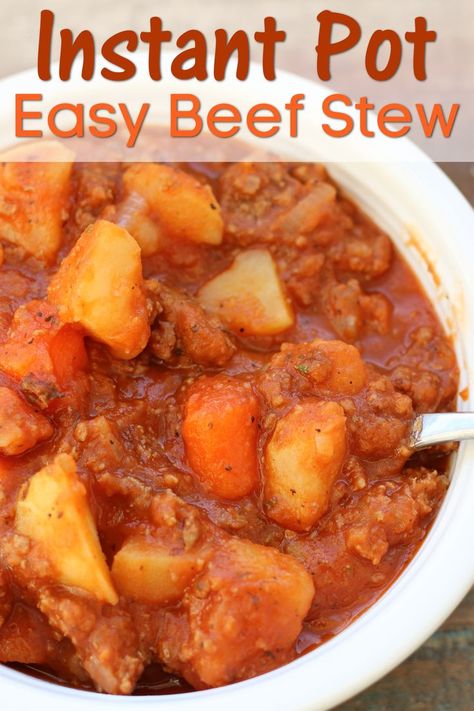 Instant Pot Poor Man's Beef Stew is an easy and delicious beef stew recipe made with ground beef, carrots, potatoes and a tomato-based sauce. Sauces, Decks, Casserole, Instant Pot Beef, Beef Stew Recipe, Easy Beef Stew, Tasty Beef Stew Recipe, Instapot Beef Stew, Ground Beef Stew Recipes