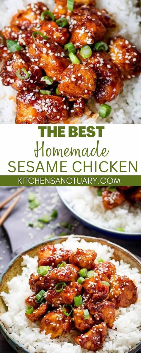 This is The Best Homemade Sesame Chicken Recipe. This crispy sesame chicken is another one for the honey archives. Sweet, salty, crispy, sticky and a little bit spicy - it covers all the bases for one of these meals that everyone polishes off. Not a scrap left. I love this as an alternative to the Friday night takeaway. Can't deny it's not the healthiest meal - with the honey and brown sugar, and of course a little oil to crisp up that chicken - but it's still way better than take-out. Stir Fry, Healthy Recipes, Sesame Chicken Sauce, Sesame Chicken Bowl, Sesame Ginger Chicken Recipe, Sesame Chicken Recipes, Sesame Chicken Recipe, Spicy Honey Chicken, Paleo Sesame Chicken