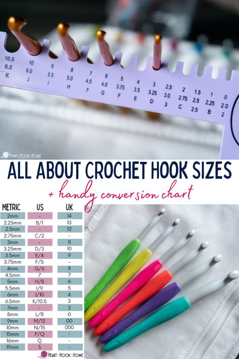 No bones about it, crochet hook sizes are confusing. This article, including a handy crochet hook conversion chart, will help! Crochet, Diy, Amigurumi Patterns, Crochet Hook Conversion Chart, Crochet Hook Sizes Chart, Crochet Hook Conversion, Crochet Hook Gauge, Crochet Hook Sizes, Crochet Needles Sizes