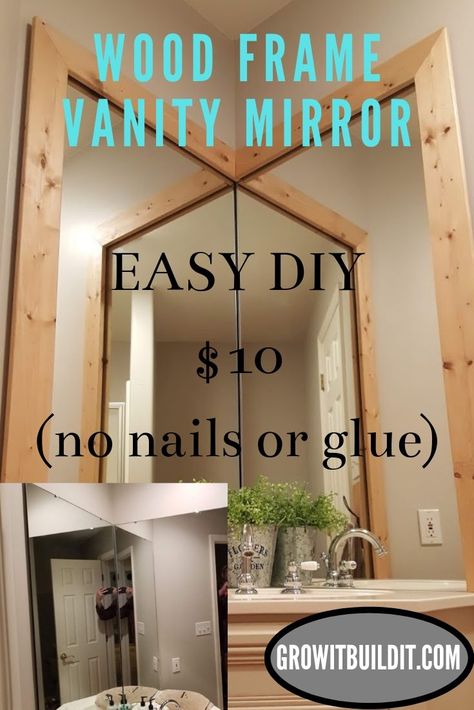 Sharing how to make WOOD FRAMES for your bathroom vanity mirrors using no glue, nails, or screws! EASY & CHEAP! Includes VIDEO Cheerleading, Peterborough, Diy Wood Mirror Frame, Diy Vanity Mirror, Easy Diy Mirror Frame, Wood Framed Mirror, Mirror Frame Diy, Wood Framed Bathroom Mirrors, Wood Mirror