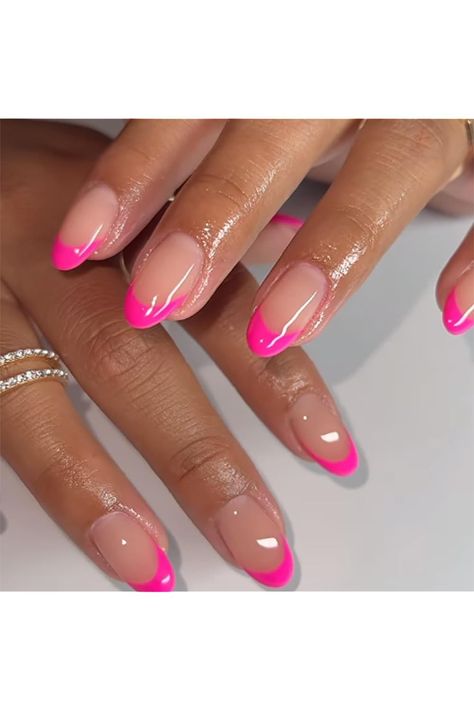 Hot Pink French Tip Cute Press on Nails Medium Acrylic Nails Almond Glossy Nude Stick On Nails 24PCS Gel Glue On Nails Kit for Women and Girls Nail Tips, French Tip Acrylic Nails, Acrylic Nails Coffin Short, French Tip Nails, Pink Tip Nails, Dipped Nails, Gel Designs, Almond Acrylic Nails Designs, French Manicure Nails