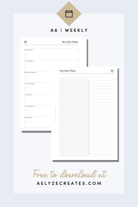 Free printable Planner Inserts - A6 - Weekly Ideas, Diy, Weekly Planner Free, A5 Weekly, Weekly Planner Inserts, Weekly Planner, Free Planner Inserts, A5 Planner Printables Free, Free Planner