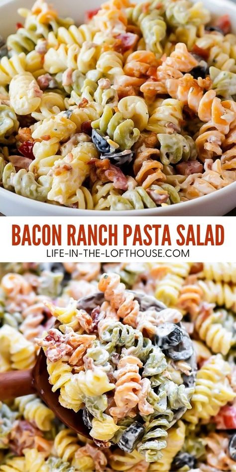 Pasta Salad, Pasta, Healthy Recipes, Bacon, Bacon Ranch Pasta Salad, Ranch Pasta Salad, Ranch Pasta, Bacon Ranch Potato Salad, Summer Pasta Salad Recipes Cold