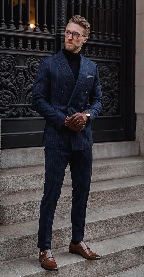 Striped Blue Suit with Black Turtleneck and Monk straps shoes Suits, Outfits, Casual, Shorts, Gentleman, Suit Men, Black Suit Men, Suit For Men Wedding, Suit For Man