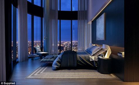 The Melbourne apartment, which is spread across the entire 100th floor of skyscraper Australia 108, is the most expensive single apartment sold in the country Bedrooms, Bedroom Design, Modern Bedroom, Apartment Interior, Home Bedroom, Luxurious Bedrooms, Room, Luxury Apartments Interior, Luxury Apartments