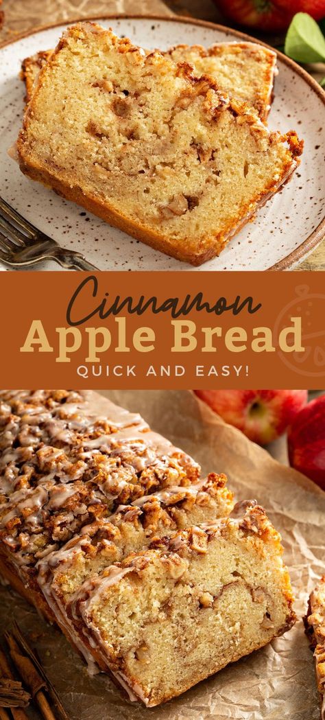 This moist and tender Cinnamon Apple Bread has a scrumptious swirl of brown sugar apples in the middle and a crisp top drizzled with light cinnamon glaze. This easy to make apple bread will become a favorite fall treat and one of the best quick breads you'll ever bake. #recipe #apples #autumn #baking #lemonblossoms #fallflavors Brunch, Tiramisu, Cake, Dessert, Thanksgiving, Biscuits, Desserts, Baked Cinnamon Apples, Apple Cinnamon Bread