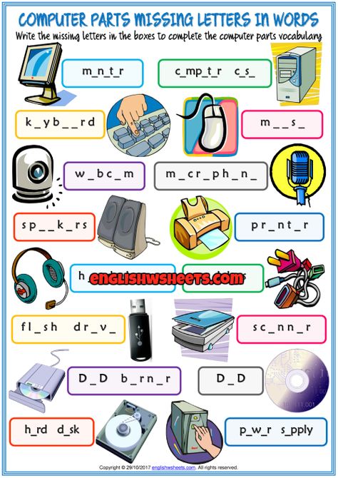 Computer Parts Missing Letters In Words Exercise Worksheet Computer Parts And Components, Technology Lessons, Computer Basics, Worksheets, Computer Lessons, Teaching Computer Skills, Teaching Computers, Computer Science Lessons, Vocabulary Worksheets