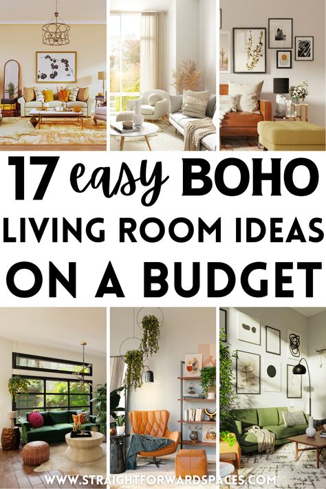 Here you will find 17 easy Boho living room ideas to transform your room on a budget, there are pictures of a variety of different living rooms, all with unique decorations and colour schemes. Some common themes are wall art, plants, pops of color, throws, cushions and rugs. Boho, Boho Chic, Interior, Decoration, Design, Home Décor, Boho Living Room On A Budget, Boho Chic Living Room Decor, Cozy Living Rooms