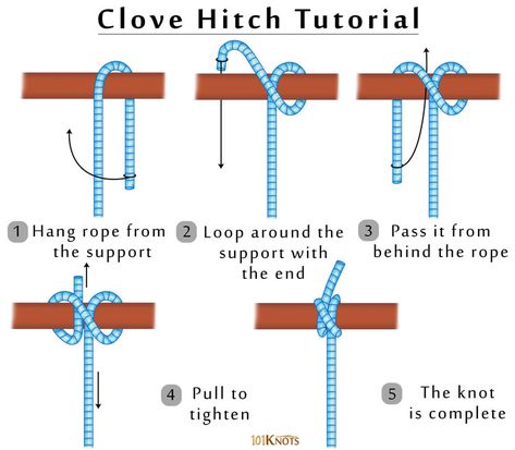 Clove Hitch | 101 Knots Diy, Half Hitch Knot, Clove Hitch Knot, Rope Knots, Knots Guide, Knot Tying Instructions, Survival Knots, Knots Diy, Rope Crafts