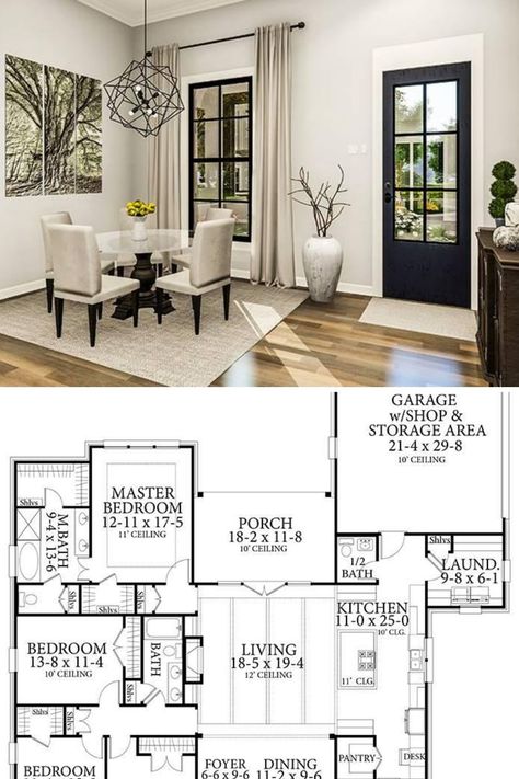 If you're looking for corner lot house plans, here's a one story, 4 bedroom, 2.5 bathroom, corner lot house plan. Shown is the stylish and elegant black and white dining room. See more beautiful interior design and decor inspiration from this 2,298 sq ft luxury traditional home plan, home layout, floor plan and blueprint at: https://www.thehousedesigners.com/plan/greystone-7448/ #floorplan #houseplan #blueprint #homelayout Inspiration, Home, Interior, House Plans, Ideas, House Design, Design, Layout, House Floor Plans