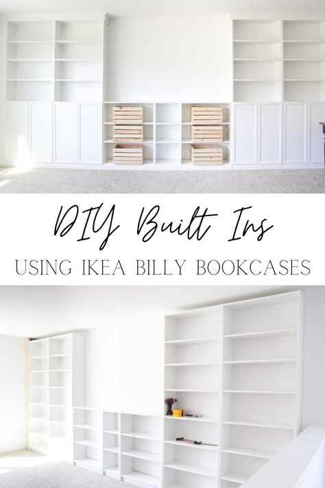DIY Built In Bookshelves from IKEA Bookcases - Bless'er House Ikea, Ikea Hacks, Ikea Billy Bookcase Hack, Ikea Desk Hack, Ikea Built In, Built In Desk And Shelves, Ikea Furniture Hacks, Ikea Billy Bookcase, Ikea Hack Ideas