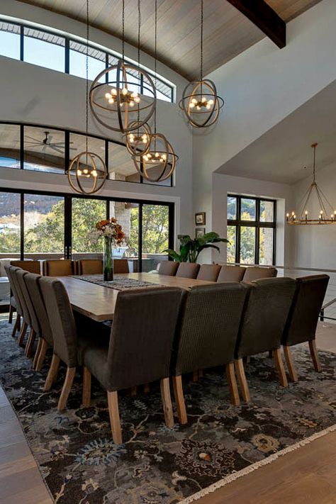 Dining room table under five globe chandeliers Home, Dining Room Lighting, Dining Room Lighting Over Table, Large Chandelier High Ceilings, Lighting Over Dining Table, Dinning Room Lights, Dining Room Chandelier, Dining Room Table Lighting, Lights Over Dining Table