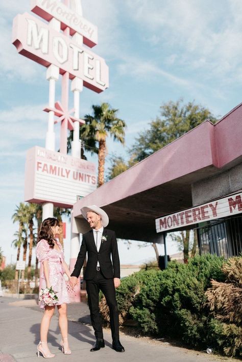 For Love and Lemons Dress. The pink, the motel, the retro vibes.. what more could I want?? Las Vegas, Las Vegas Elopement, Las Vegas Wedding Photos, Vegas Wedding Photos, Vegas Party, Vegas Wedding, Las Vegas Weddings, Elope Wedding, Las Vegas Wedding Venue