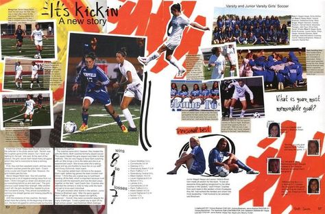 This is a really intriguing layout that would be good for the soccer page. It's interesting to look at and is a fun way to show the players in action. Layout, Layout Design, High School, High School Yearbook, Yearbook Sports Spreads, School Newspaper, Soccer Practice, Yearbook Class, Sports Photography