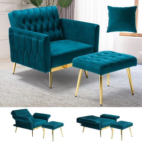 PRICES MAY VARY. ADJUSTABLE ARMREST & BACKREST: This accent chair have 3 adjustable angles for the backrests & armrests: 90°,120°,180° It can be easily adjusted to meet your different needs. This velvet armchair can convert into single bed for sleeping when you have a rest. Multi-functional sofa is perfectly for your home. ADJUSTABLE KNOBS UNDER THE FEET: There are 8 adjustable knobs under the chair legs. You can adjust to the height you want. STURDY CONSTRUCTION & SPECIAL DESIGN: The main frame Single Sofa Chair, Sofa Chair, Velvet Accent Chair, Living Room Chairs, Single Sofa, Velvet Armchair, Futon Sofa, Armchair With Ottoman, Bedroom Teal