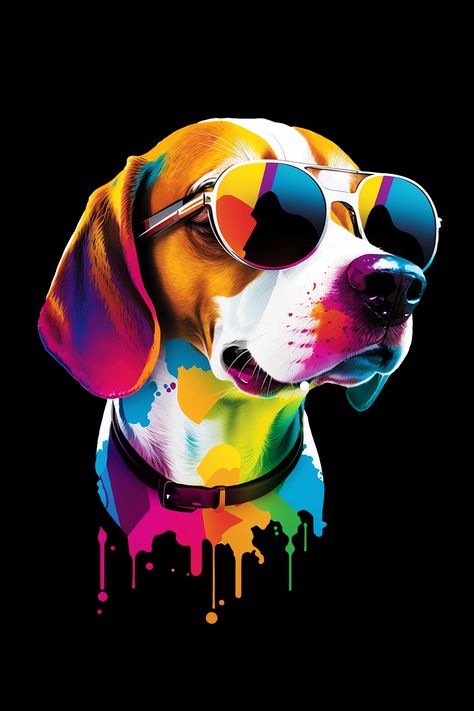 Colorful Beagle illustration wearing sunglasses. With ink dripping from the bottom. This design is perfect for any Beagle dog lover. Draw, Design, Beagles, Kaos, Dog Design, Dog Drawing, Dog Design Art, Animais, Beagle Art