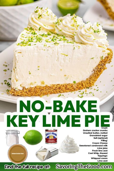 Making this no-bake key lime pie is a piece of cake, and the taste is absolutely delightful.With a hearty graham cracker crust and a smooth, airy, lime-infused filling, every forkful offers a perfect balance of sweetness and tanginess, leaving you feeling refreshed. This easy recipe for no bake key lime pie is the perfect dessert for a hot summer day when you want something refreshing but don't want to turn on the oven. https://www.savoringthegood.com/no-bake-key-lime-pie-recipe/ Pie, Recipe Girl, Recipe, Delicious Desserts, Food Cakes, Homemade Desserts, Pie Dessert, Lime Pie Recipe, Eat Dessert