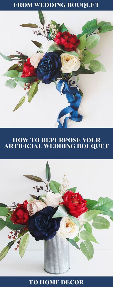Repurpose your artificial flower wedding bouquet into home decor after the wedding. Floral Wedding, Ideas, Floral, Wedding Bouquets, Floral Arrangements, Artificial Flower Wedding Bouquets, Diy Wedding Bouquet, Flower Arrangements, Wedding Flower Arrangements