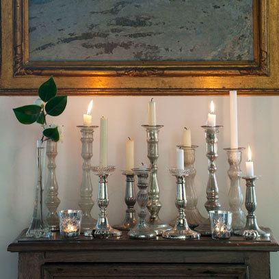 Silver candlestick holders on table: Displaying Candles Ideas Chandeliers, Décor, Inspiration, Home Décor, Home Decor, Decorating, Chic Candles, Decor, Candle Displays