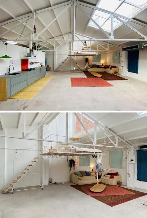 A Hanging Platform Creates A Bedroom In This Renovated Warehouse Space House Design, House Plans, House Inspo, Warehouse Apartment, Bed Platform, Warehouse Living, Apartment, House Interior, Open Plan
