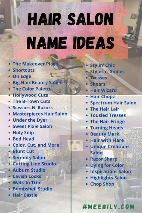 Design, Hair Salon Names, Hair Salon Prices, Catchy Beauty Salon Names, In Home Hair Salon Ideas, Home Hair Salons, Hair And Beauty Salon, Unique Hair Salon, Unique Beauty Salon Names