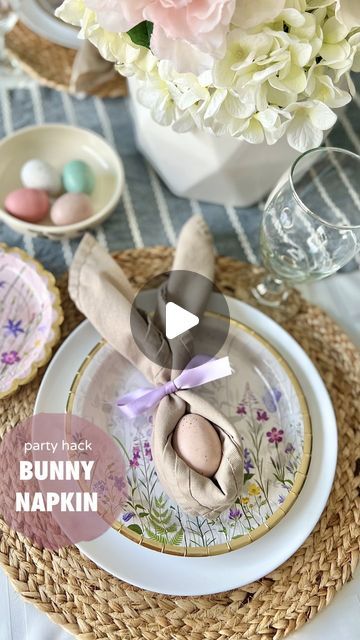 Becca Mansfield | Party Planner 🎉 on Instagram: "These are the little traditions that your kids or dinner guests will remember — the extra touches that make the holiday magic. This napkin fold is SO easy and uses the supplies you already have. Try this for your Easter table and let me know how it goes! 🥰 How to fold a bunny ear napkin: 🐰 1. Unfold a square napkin and lay it down flat 2. Fold one corner up to the opposite corner 3. Fold up from the bottom in ≈1.5” rolling folds until you reach the top 4. Place an egg in the middle and finish with a ribbon bow or napkin ring That’s it! So simple, but so fun for your Easter table setting. Wishing you a beautiful holiday, 💗B . . Wildflower plates from @orientaltrading Napkins and speckled eggs from @tjmaxx Woven placemats from @h Instagram, Diy, Easter Napkin Folding, Bunny Napkin Fold, Bunny Napkin Folding Tutorial, Napkin Folding, Napkin Folding Tutorial, Paper Napkin Folding, Easter Dinner Table