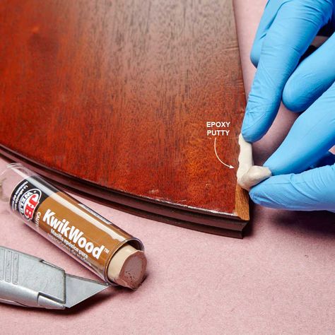 Repair Chipped Furniture - When it would be difficult or impossible to replace missing veneer or chipped furniture parts with real wood, epoxy putty makes a great substitute. Two-part putty in a Tootsie Roll shape is convenient to use and makes a strong repair. Just slice off a section and knead the chunk until the two parts are blended and the color is consistent. Then form the putty into approximately the right shape and press it into the damaged area. Use a wet putty knife to smooth and s... Diy, Home Repairs, Furniture Repair, Upcycling, Wood Repair, Woodworking Tips, Furniture Fix, Diy Repair, Wood Putty