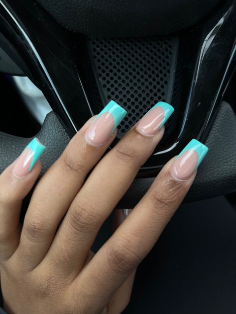 teal blue french tip nails, tapered square Turquoise, Florida, Teal Nails, Teal Nail Designs, French Tip Nails, Teal Acrylic Nails, Square Acrylic Nails, Pink Acrylic Nails, French Tip Acrylic Nails