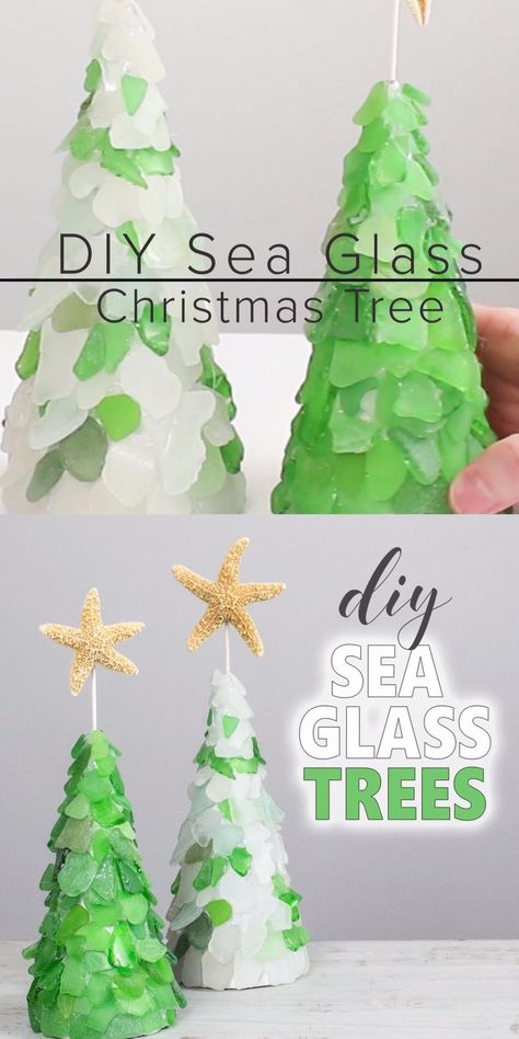Looking for a way to display your sea glass collection? Consider making a beautiful DIY sea glass Christmas tree topped with pretty starfish ornament. Diy, Seashell Crafts, Sea Glass Diy, Sea Glass Art Diy, Glass Christmas Tree, Diy Christmas Tree, Christmas Tree Crafts, Sea Crafts, Tree Crafts