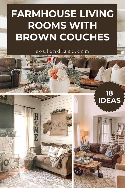 Explore the cozy charm of farmhouse living rooms adorned with inviting brown couches. Discover a collection of warm and rustic design ideas that make these spaces feel like a comforting retreat. Click through to find inspiration for your own farmhouse-style living area. Farmhouse Style, Modern Farmhouse, Farmhouse Living Room Furniture, Farmhouse Couch, Farmhouse Family Room Ideas, Rustic Living Room Decor, Modern Farmhouse Living Room Inspiration, Modern Farmhouse Living Room, Cozy Living Room Warm