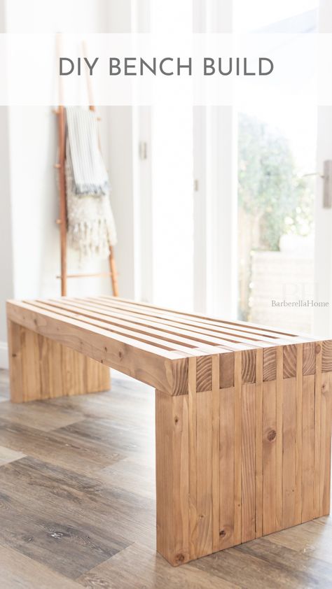 Super easy DIY bench build with 2x4 studs and 1x4 common pine boards. Home Décor, Outdoor, Diy Bench Seat, Diy Furniture Easy, Diy Bench Outdoor, Wooden Bench Diy, Diy Furniture Plans, Diy Wood Bench, Diy Furniture Table