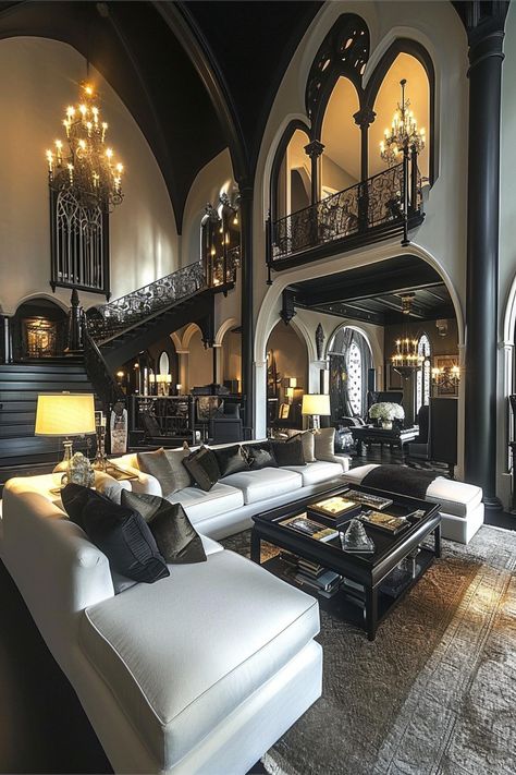 Luxurious Living Room Showcasing a Fusion of Gothic Splendor and Contemporary Design Touches Home Interior Design, Living Room, Luxurious Living Rooms, Modern Living Room, Luxury Living Room, Living Room Design Decor, Dark Home Decor, Luxury Living, Bedroom Design