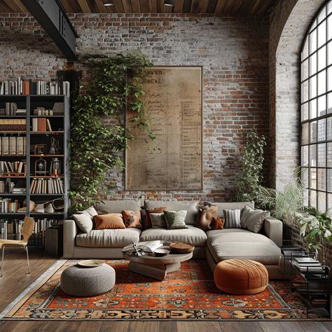 21+ Boho Industrial Living Room Ideas for the Modern Home • 333+ Images • [ArtFacade] Living Room Designs, Industrial Chic, Interior Design, Industrial, Interior, Grey Brick, Contemporary House, Industrial Style Living Room, Industrial Living Room Design