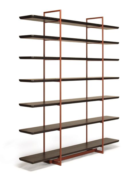 Skram Furniture Company | Storage | Altai Shelving | The Altai Collection Shelving unit is Skram’s newest open storage option. Intended for use as a freestanding shelving unit or room divider, the product is constructed of solid timber for the shelves and steel for the uprights. #storage #bookshelf #bookcase #shelving #roomdivider #modernfurniture #skramfurniture #madeinamerica Modern Furniture, Industrial, Metal, Ideas, Modern Industrial, Industrial Shelving, Industrial Bookcases, Furniture Companies, Shelving Design