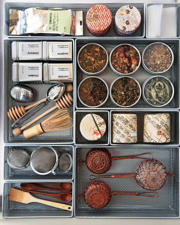 Tea Supplies  Be ready to make the perfect pot with strainers, tea balls, honey dippers, and special tea leaves all in one drawer. Snacks, Tea Time, Tea, Matcha, Tea Storage, Tea Organization, Tea Accessories, Tea Room, Tea Bar