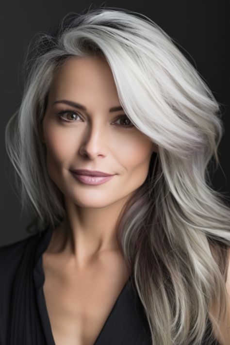 If you’re going for a mature, distinguished look, platinum streaks for the silver fox are a top choice. Introduce icy platinum highlights to gray or silver hair to add extra brilliance and youthfulness. Click here to check out more gorgeous hair highlight ideas for every base shade. Balayage, Silver Grey Hair, Platinum Highlights, Silver Blonde Hair, Grey Blonde Hair, Grey Blonde Hair Older Women, Silver Hair Highlights, Brown Hair With Silver Highlights, Gray Hair Highlights