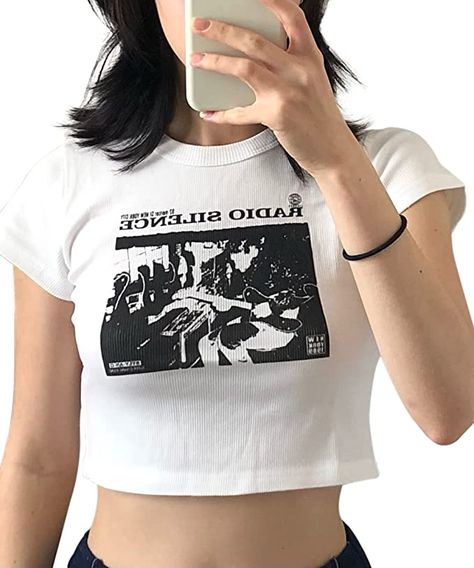 Meladyan Women Vintage Graphic Print Crop T-Shirt Top Gothic Grunge Fairy Short Sleeve Crewneck 90s Aesthetic Tee Classic White at Amazon Women’s Clothing store Shirts, Clothes, Fashion, Crop Tops, Casual, Outfits, Harajuku, Tops, Grunge