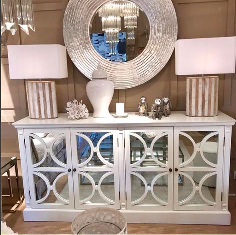 Our White Fayence Sideboard, instock for you to order, prices are on the picture if you tap to view #sideboard #accessories #brentwood #essex Home, Design, Home Décor, Sideboard, Interior, Sideboard Console Table, Mirrored Sideboard, Mirrored Furniture, White Sideboard