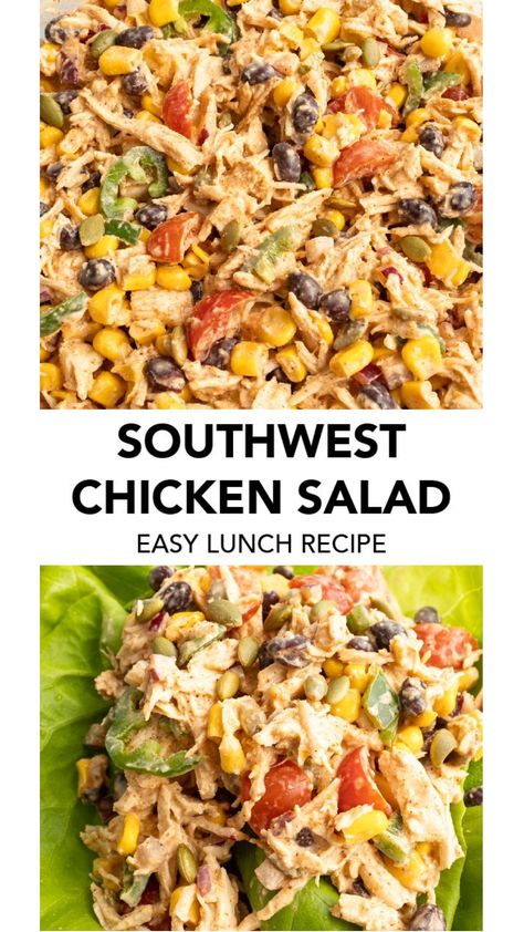 Not your average chicken salad! This quick Southwest Chicken Salad recipe is made with shredded chicken, flavorful spices and a handful of vegetables and protein. Serve on its own, in a sandwich, wrap or bed of lettuce! This recipe is also dairy free and gluten free! Healthy Recipes, Healthy Eating, Low Carb Recipes, Chicken Salad, Meals, Chicken Recipes, Chicken Salad Recipes, Southwest Chicken Salad, Southwest Chicken