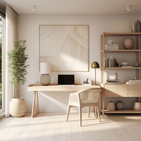 "Transform your workspace into a haven of calm with a modern Japandi-inspired home office. Embrace the blend of Japanese minimalism and Scandinavian functionality, creating a serene and organized environment. Infused with natural hues, sleek lines, and a touch of zen, this space invites focus and creativity. Elevate your work experience with the perfect balance of simplicity and elegance. 🌿🖋️ #JapandiHomeOffice #ZenWorkspace #SimplicityInDesign" Home, Interior, Inspiration, Design, Haus, Japandi, Interieur, Deco, Minimal Office Design
