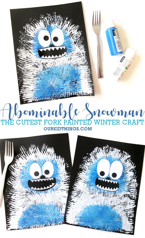Abominable Snowman Fork Painted Craft - Our Kid Things Pre K, Snowman Crafts, Snowman Crafts Preschool, Snowman Craft Preschool, Snow Crafts Preschool, Snow Crafts, Crafts For Winter, Winter Crafts For Kids, Penguin Craft