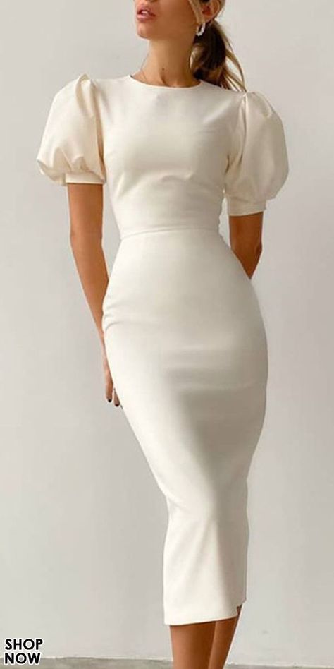Outfits, Short Sleeve Dresses, White Dress, Puff Sleeve Midi Dresses, Dress Women Elegant, Midi Dress, Womens Midi Dresses, Elegant Bodycon Dress, Fashion Dresses