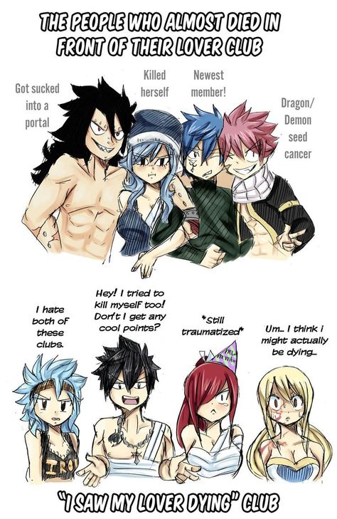 They almost saw their partners die in many different ways Manga, Fairy Tail Anime, Fairy Tail Natsu And Lucy, Fairy Tail Nalu, Fairy Tail Meme, Fairy Tail Ships, Fairy Tail Comics, Fairy Tail Funny, Fairy Tail Guild