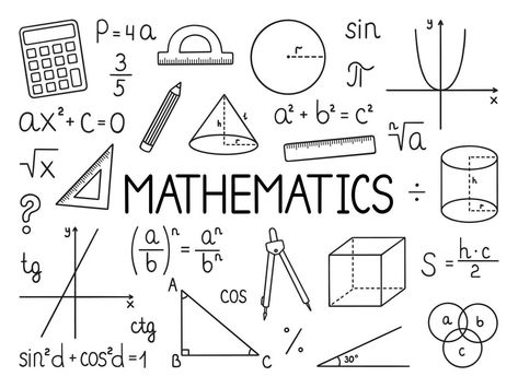 Mathematics doodle set. Education and study concept. School equipment, maths formulas in sketch style. Hand drawn ector illustration isolated on white background
