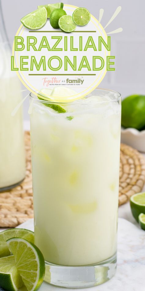 One image and a text circle at the top with text in it. Smoothies, Snacks, Margaritas, Brazilian Limeade Recipe, Refreshing Drinks Recipes, Refreshing Drinks, Lime Drinks Cocktails, Lemon Drink Recipes, Non Alcoholic Drinks Lime